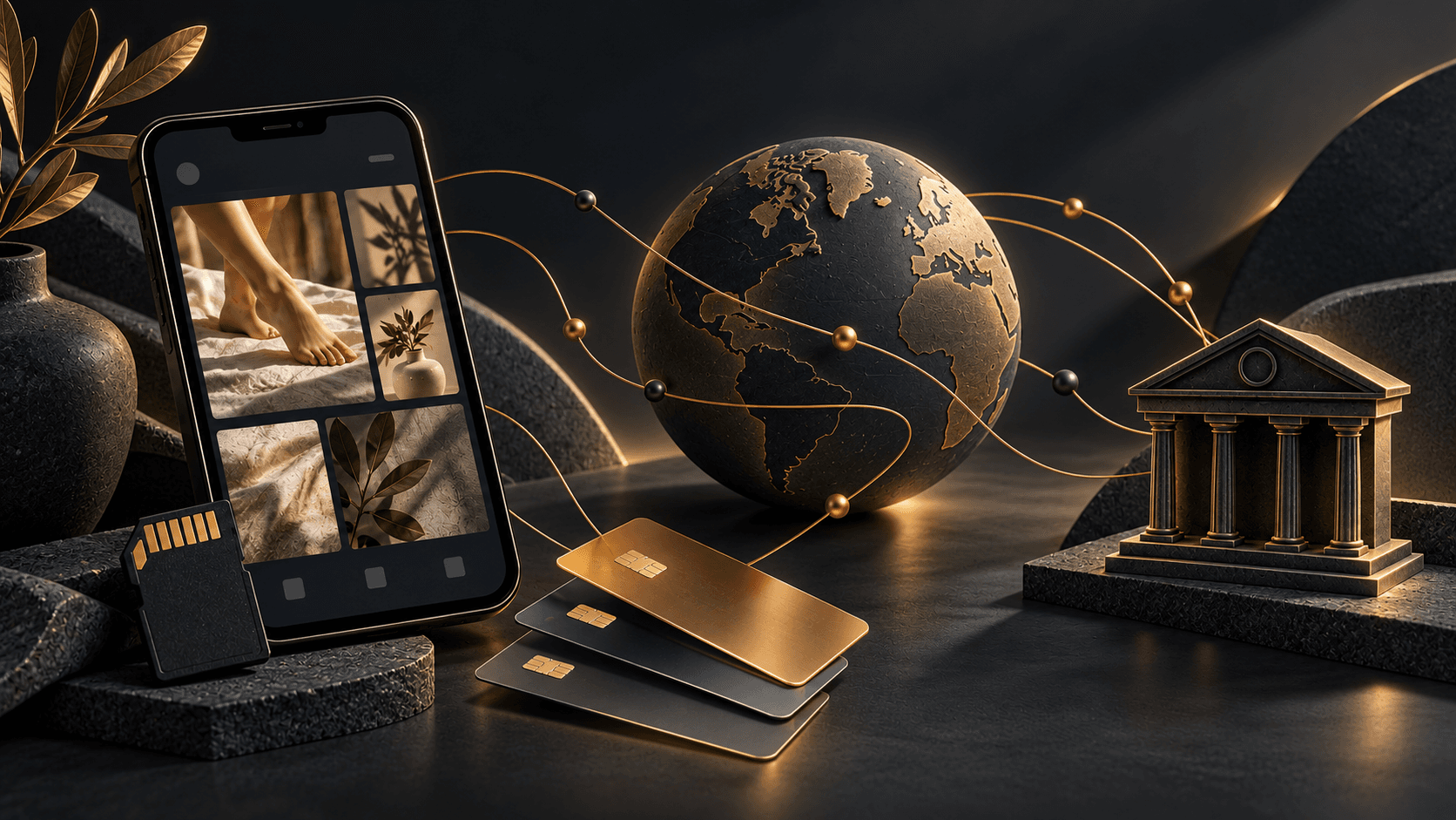 Editorial illustration of a creator’s photo gallery connected to a globe and bank.